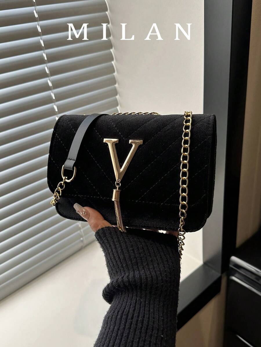 时尚纯色菱格纹翻盖小方包，时尚PU链条斜挎包，女士时尚流苏装饰迷你单肩包钱包，适合购物 - 黑色 - 查看 1