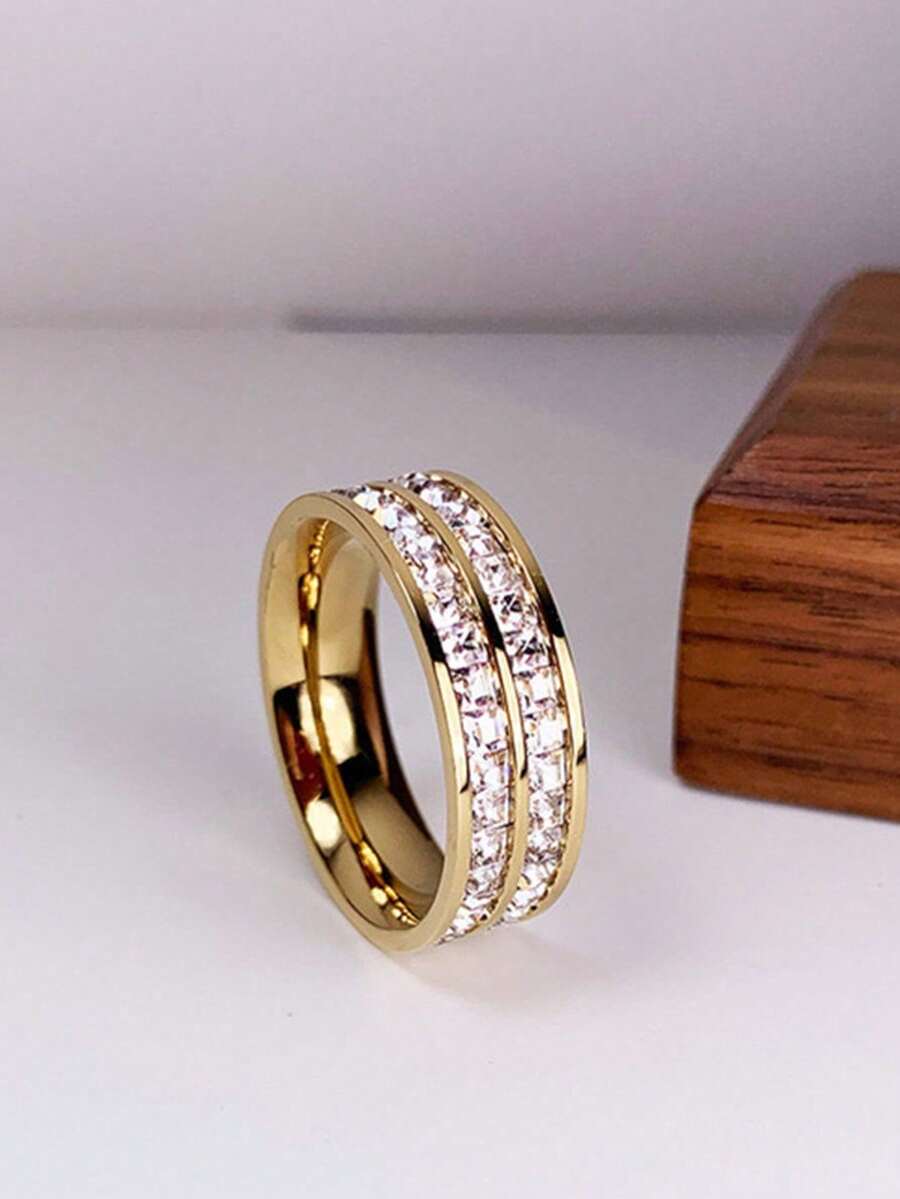 1pc High-End Stainless Steel Cz Inlaid Full Stars Single/Double Row Diamond Ring, Fashionable And Non-Fading, Suitable For Couples, All Seasons - Double Circle Gold - View 1