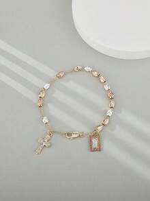 3-Color Rose Beaded Virgin Mary Pendant Bracelet - Gold - View 2
