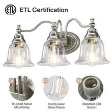 3-Light Bathroom Light Fixtures, Modern Vanity Light With Clear Glass Shade, Bathroom Wall Lamp For Mirror Living Room Kitchen Hallway Porch, E26 Base, Bulbs Not Included (Silver) - 銀色 - 查看 7