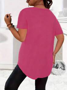 Nueva blusa casual de talla grande de unicolor con cuello en V y mangas cortas con botones para el verano - Rosa Roja - Ver 2