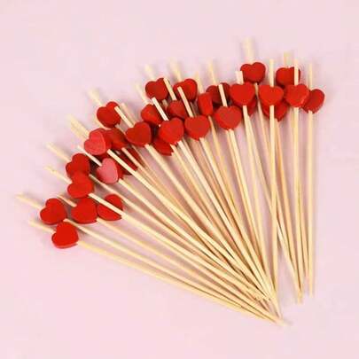 200/100/80/50/30/20pcs Red Heart Shaped Bamboo Skewers, Suitable For Fruit, Desserts, Appetizers, Cocktails, Ideal For Valentine's Day, Birthday, Wedding, Party And More