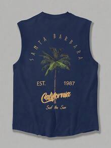 1件男士休闲椰树印花圆领背心，夏季 - 藏蓝色 - 查看 2