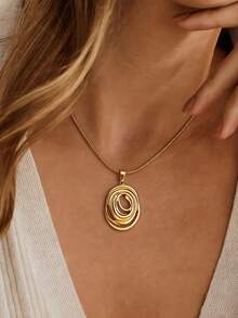 1件装时尚几何椭圆项链，女士不锈钢18K镀金椭圆吊坠项链，派对婚礼首饰礼品 - 彩色 - 查看 1