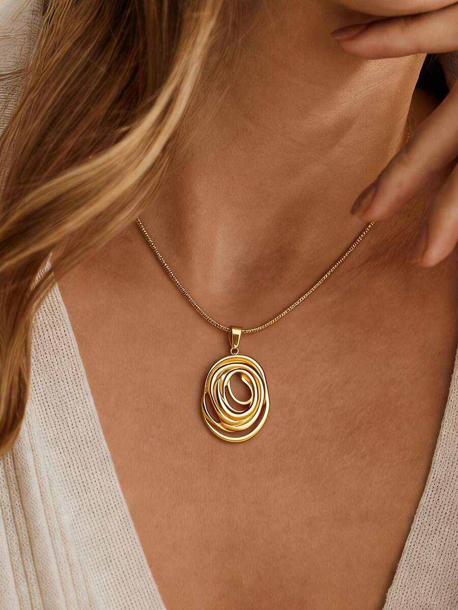 1件装时尚几何椭圆项链，女士不锈钢18K镀金椭圆吊坠项链，派对婚礼首饰礼品 - 彩色 - 查看 1