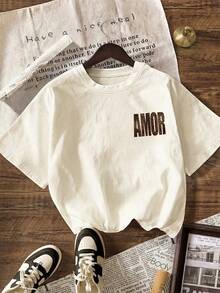 女士休闲豹纹“AMOR”图案T恤，圆领短袖，简约夏季穿搭 - 彩色 - 查看 3