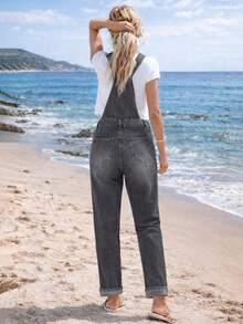 舒适宽松浅蓝色猫须条纹长款牛仔背带裤/连体裤，女士春夏休闲款 - 灰色 - 查看 3