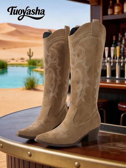 New Fashionable Versatile V-Cut Mid-Calf Boots, Pointed Toe Thick Bottom Chunky Heel, Western Cowboy Boots, Suitable For Vacation, Music Festival, Halloween