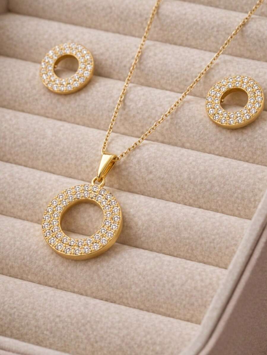 Elegant Women's Gold And Silver Zirconia Circle Necklace And Earring Set - Zirconia vàng - Xem 1