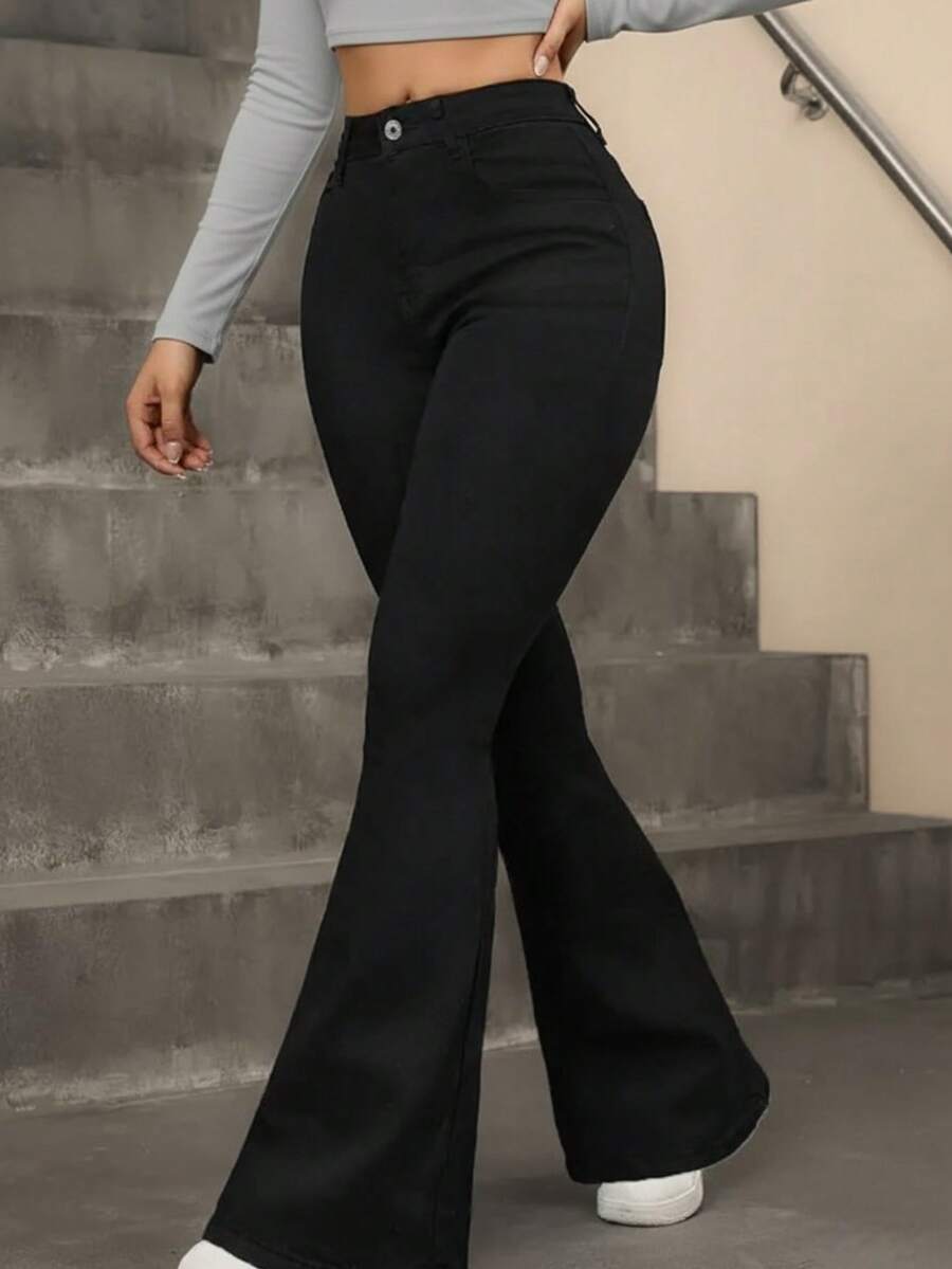Women's Flare Jeans, High Waist, Butt-Lifting Design, Simple, Elegant, Casual Jeans, Zipper, Pockets, Button, Flare Pants - 黑色 - 查看 1