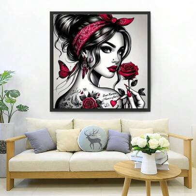 1 Set Of Artist Home Wall Decoration, Adult Diamond Painting Kits Crafts Fantasy Cool Tattoo Girl Women Portrait Flowers Red Rose 5D DIY Diamond Painting Full Diamond Beginner Adult DIY 5D Diamond Art Painting Kit Diamond Art Painting Kit, Complete Charming Gift
