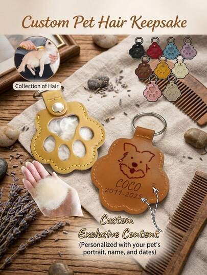 Móc khóa kỷ niệm lông thú cưng cá nhân hóa, túi đựng lông hình bàn chân bằng da tùy chỉnh cho chó và mèo, mặt dây chuyền kỷ niệm khắc hình chân dung và tên thú cưng, quà chia buồn khi mất thú cưng.