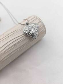 1件复古不锈钢花树条纹心形吊坠，男女通用日常佩戴，情侣款 - 銀色 - 查看 6