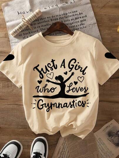 Áo thun ngắn tay cổ tròn in hình vận động viên thể dục dụng cụ và trái tim, kiểu dáng thường ngày, thoải mái, thích hợp cho bé gái tuổi teen mùa xuân/hè.