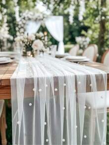 1pc Pearl Tulle Mesh Tablecloth, Pearl Tablecloth, Romantic Wedding, Dessert Table Cloth, Bohemian Style, Chiffon Gauze, Pearl Lace, Outdoor Lawn Wedding Arch Decor, Party Decor Tablecloth, Pearl Tablecloth, Wedding Arch Decor Tabletop, Bridal Shower Decor Fabric, Party Supplies, Birthday Romantic Pearl Lace Tablecloth (Suitable For Event Embroidery), Transparent Wrinkle-Resistant White Dessert Table Cloth, White Chiffon Gauze - White - View 6
