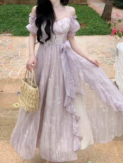 优雅休闲A字碎花派对生日连衣裙，女士复古无袖中长款夏季紫色雪纺毕业礼服，新款吊带连衣裙