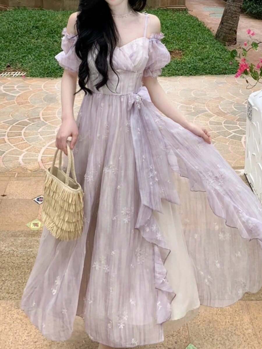 优雅休闲A字碎花派对生日连衣裙，女士复古无袖中长款夏季紫色雪纺毕业礼服，新款吊带连衣裙 - 紫丁香色 - 查看 1