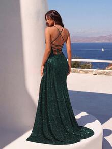 ADYCE Elegant Spaghetti Strap V-Neck Sequin Mesh High Waist Long Flowy High Slit Backless Criss-Cross Tie Maxi Dress, Suitable For Prom, Wedding Guest, Homecoming, Date Night, Formal Dinner, Birthday Party, Holiday Party, Family Gathering, Valentine's Day Spring - Màu xanh lá cây đậm - Xem 2