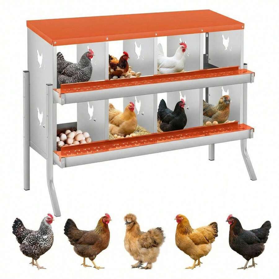Caja de anidación pollo, caja de anidación metal de, cajas de anidación pollo para colocar huevos, colección fácil de huevos. - Compartimento naranja de 8 compartimentos - con marco de soporte - Ver 1
