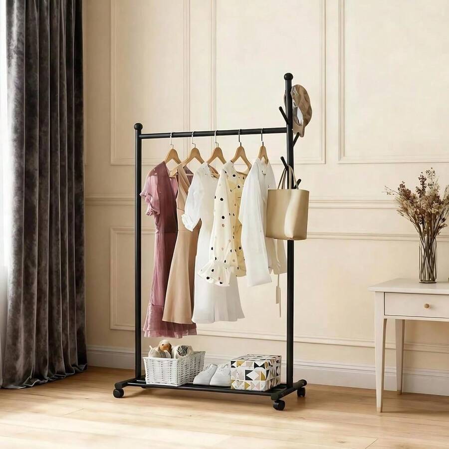 41.34'' Length Standing Coat Rack With Wheels, Rolling Closet Rack With Wheels, Standing Coat Racks, Hanging Clothes Racks For Bedroom, Living Room, Office - Black - View 1