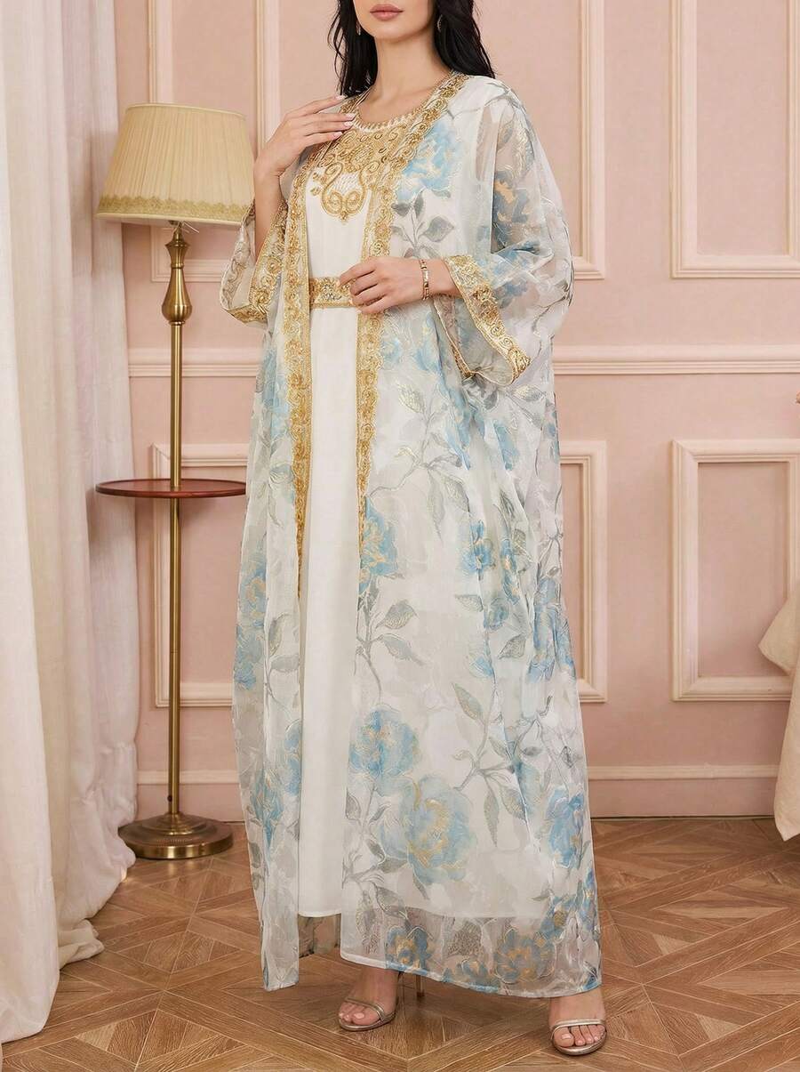Solessence 2pcs Women's Elegant Embroidered Long Sleeve Kaftan Dress
