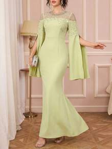 Solessence Women's Elegant Beaded Extra Long Sleeve Arabic Style Dress - Mustard Yellow - View 2