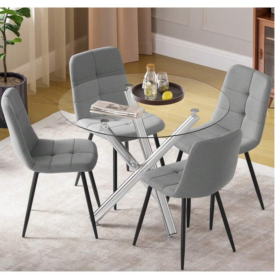 Dining Table And Chairs Set Of 4, Round Dining Table With Performance Fabric Chairs For Dining Room,Kitchen,Living Room