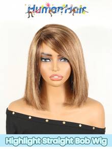8 Inch Right-Side Part Brown Ombre Bleach Blonde Straight Bob Wigs Brazilian Virgin Human Hair 150% Density Right-Side Part Bob Wig With Highlights Golden Brown Mixed Blonde Machine Made Short Bob Glueless Wigs - S4/27 - View 2