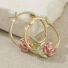 1pair, Romantic Rose Flower Earrings, Gold Earrings, Women's Daily Jewelry Gifts - Multicolor - View 1