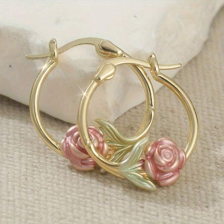1pair, Romantic Rose Flower Earrings, Gold Earrings, Women's Daily Jewelry Gifts - Multicolor - View 1