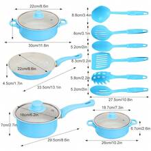 13-Piece Sky Blue Non-Stick Cookware Set With Utensils, Kitchen Pots And Pans Set With Glass Lids, Easy To Clean Uniform Heat Conduction Cookware For Home & Apartment - 查看 12