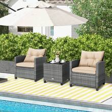 3PCS Patio Rattan Furniture Bistro Set Cushioned Sofas Side Table Armrest Beige - 米色 - 查看 3
