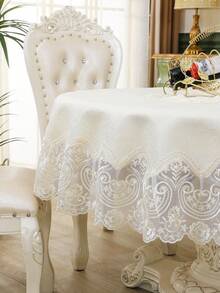 HXARTMIS 1 Stück luxuriöse, elegante beige Tischdecke mit floraler Stickerei und Kante, dekorative runde Tischdecke für den Esstisch, schützende runde Tischdecke - Weiss - Übersicht 5