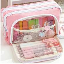 1pc Macaron Style Large Capacity Pencil Case, INS Style Portable Handheld Stationery Storage Bag, 3-Layer Design With Transparent Window, Multifunctional Cosmetic Bag For Daily Use, Ideal Back-To-School Essential Stationery Bag For Students And Young Office Workers - Multicolor - View 7