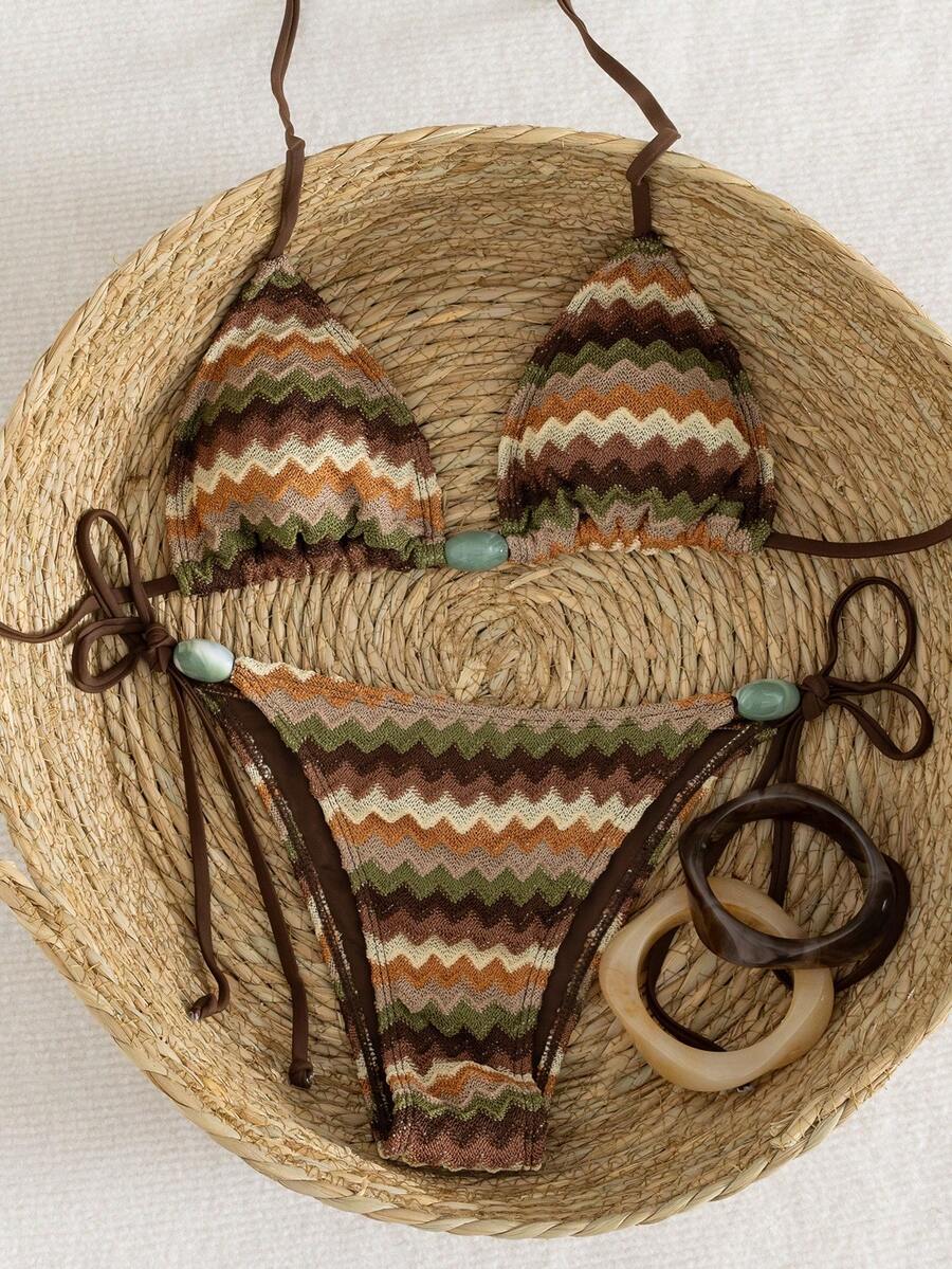 Bộ bikini nữ gợi cảm, thanh lịch, kiểu cổ yếm, hở lưng, đính ngọc trai, được làm từ chất liệu vải có họa tiết, độ co giãn cao, thích hợp cho các bữa tiệc, lễ hội âm nhạc, ngày Valentine; đồ bơi đi biển thanh lịch dành cho nữ; bộ bikini đi biển dành cho nữ; bộ đồ bơi nữ; trang phục bikini đi biển dành cho nữ, đồ bơi nữ, trang phục nghỉ hè. - Nhiều màu - Xem 1