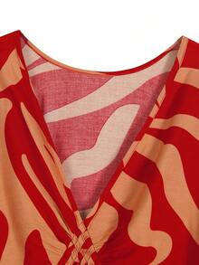 Saída de praia feminina de luxo, modelo longo, com estampa romântica, decote em V profundo, mangas morcego e modelagem solta, ideal para festas e eventos na primavera/verão de 2026. - Vermelho - Ver 3