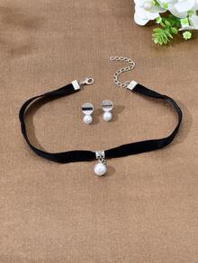 3件套复古首饰：黑色纹身天鹅绒颈链、仿珍珠装饰银色耳钉，适合夜间派对佩戴 - 彩色 - 查看 2