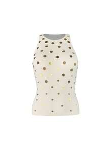 Áo hai dây dệt kim đính sequin vàng gợi cảm dành cho nữ, áo tank top không tay ôm sát, thích hợp mặc nhiều lớp vào mùa hè. - Màu trắng sữa - Xem 6