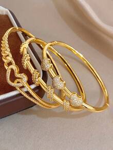 18K Gold Plated Anti-Fading Heart Zirconia Bangle Bracelet Set For Women, High Quality Luxury Jewelry,Gifts For Mom, For Daily Wear, Weddings, Suitable For Daily Life, Parties, Dates, Beach, Beach Jewelry, Mother's Day Gift, Valentine's Day Gifts, Spring, Wedding Supplies, Summer Accessories - Multicolor - View 2