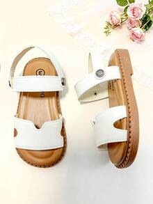 1 Pair Beige Children's Sandals, Girls' Summer Sandals, Open Toe Flat Sandals, Fashionable White Hollow Double Strap Hook And Loop Style, Suitable For Banquets, Gatherings, Parties, Weddings, Vacations - Beige - View 5