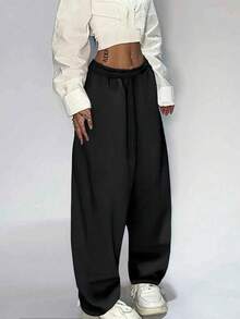 Women's High Waist Wide Leg Sweatpants - Casual Relaxed Fit, Elastic Waist For All Ages | Lightweight Spring/Summer Loungewear/Gym Clothes Women/Gym/Summer Outfits For Women/Pants/Glowmode/Gym Clothes Women/Summer Outfits For Women/Spring Outfits For Women/Summer Clothes - 黑色 - 查看 1