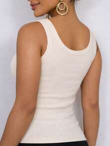 Women's Ribbed Tank Top With Square Neckline, U-Shaped Wide Straps, Premium Comfortable Ribbed Knit - Champán - Ver 5