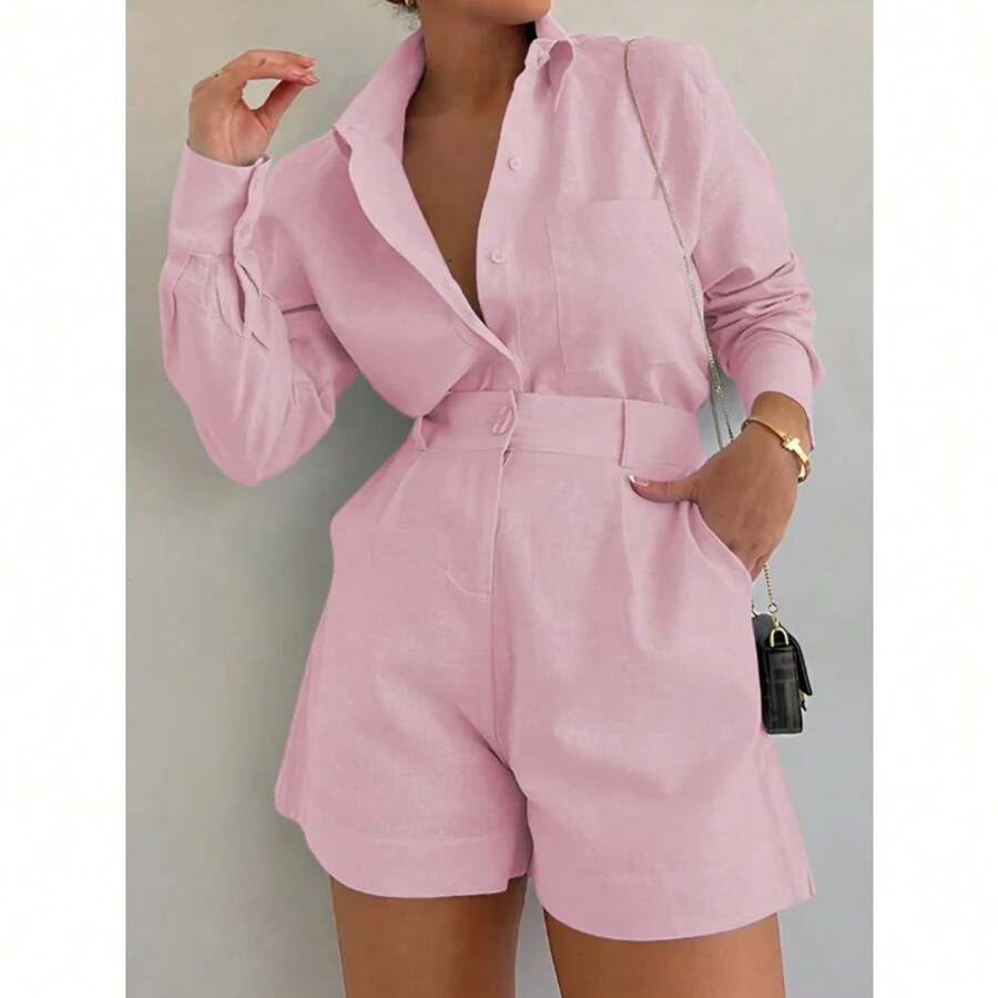 European And American Women's Clothing, New, Casual Short Trousers, Long-Sleeved Shirt Set.,Conjunto De Mujeres Elegantes - 粉紅色 - 查看 1