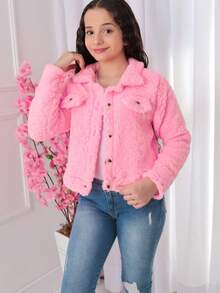 Blusa Jaqueta Curta Cropped Infantil Teddy Peluda Casaco Aberto com Botão Para Meninas e Adolescentes Outono e Inverno (BINF509) - Rosa Bebê - Visão 1