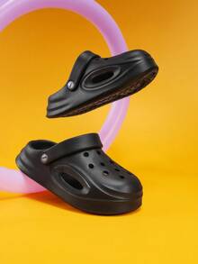 1 par de zapatos casuales con suela gruesa, transpirables y perforados para niños, de malla de unicolor ligera, con suela exterior de EVA antideslizante y duradera, adecuados para uso diario - Negro - Ver 3