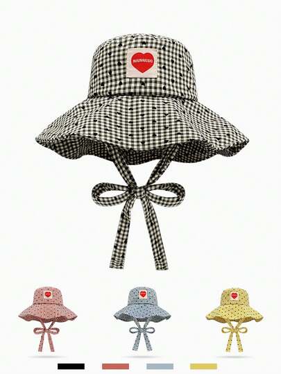 1顶春夏格子爱心图案渔夫帽，大帽檐防晒，透气，防紫外线，通勤及户外休闲皆宜