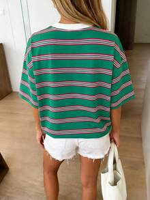 粉色撞色条纹印花夏季女装，Y2K可爱T恤，休闲宽松圆领短袖女式衬衫 - 綠色 - 查看 2