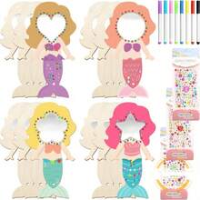 8pcs Unfinished Mermaid Mirror DIY Kit, Includes Tassel Wooden Hand Mirror, DIY Craft, Comes With 12 Colored Pens, 2 Sheets Of Random Colored Gem Stickers, 8 Tassels In Random Colors, Suitable For Mermaid Themed Party, Birthday Gift, Holiday Decoration - 8 Mirrors + 12 Pens + 8 Tassels + 2 Rhinestone Stickers - View 4