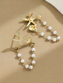 一对精致清新的小众星形贝壳珍珠耳环，百搭款式，适合派对、送礼、日常佩戴。 - 金色 - 查看 4