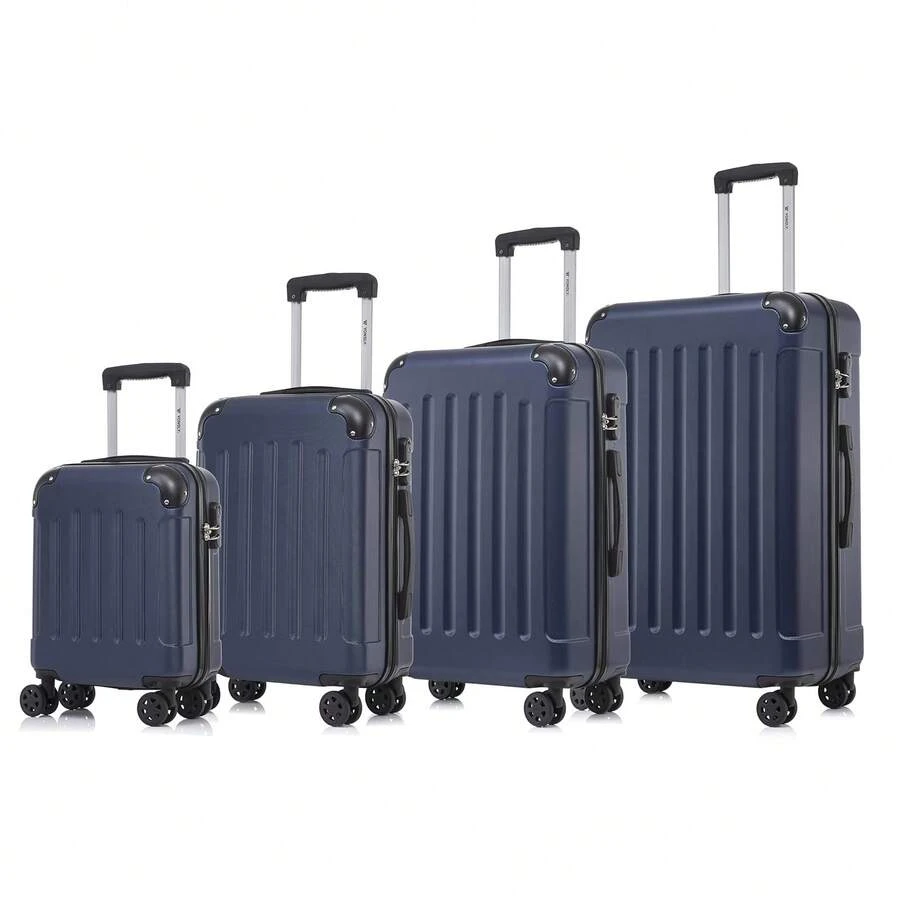 YONSLY 4-Piece Wheeled Suitcase Set With 360° Wheels, Combination Lock, Robust Double Zipper, Mesh Pocket, Soft Rubber Handle, 16/20/24/28 Inch Trolley Suitcase, Hard Shell Carry-On Luggage Set (4-Piece Set, S, M, L & XL) - 深藍 - 查看 1